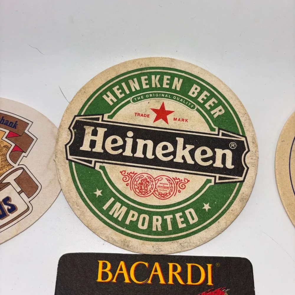 Vintage‎ Beer Coaster Lot 7pc Heineken Paulaner HB Singha Tiger Bacardi Barware